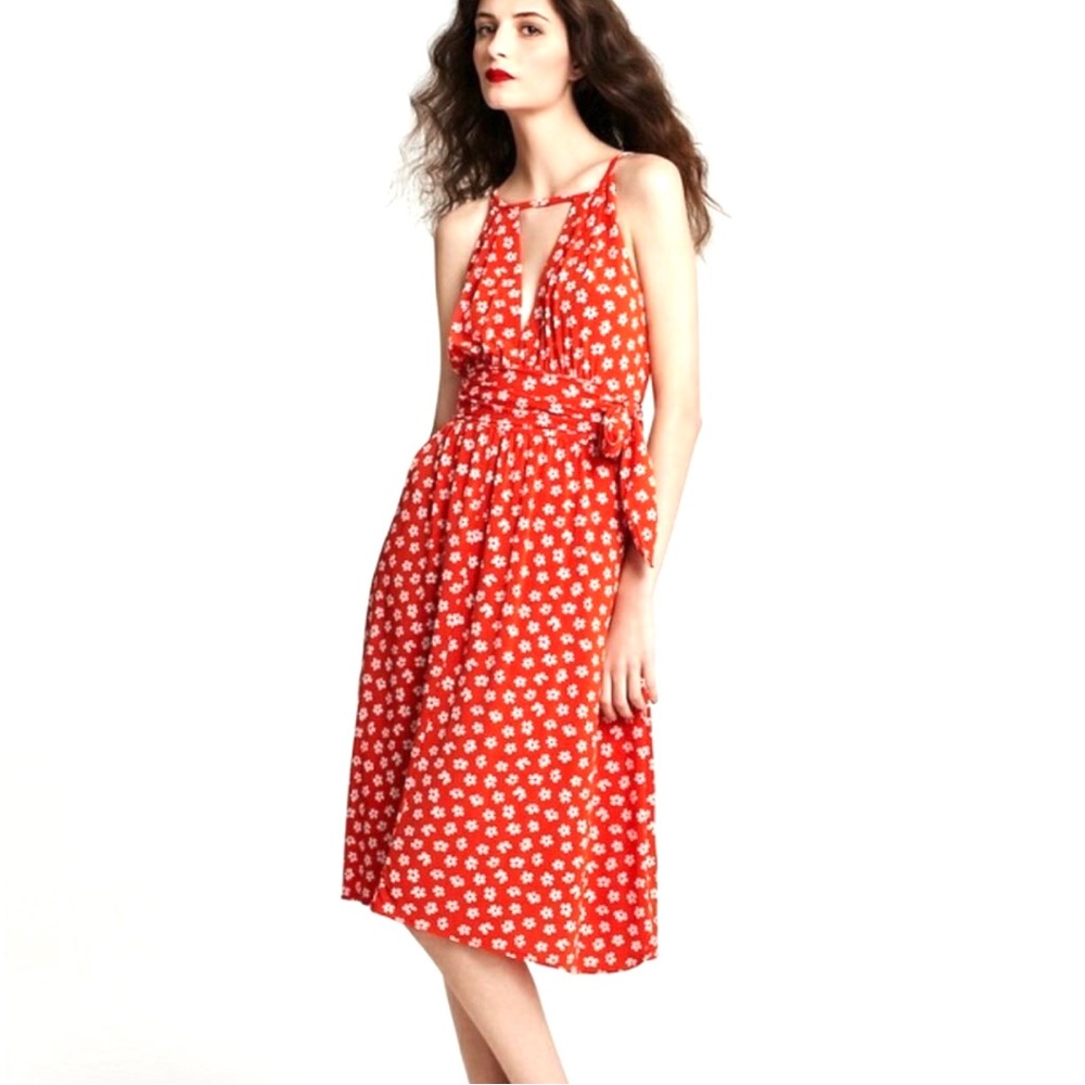 Marc Jacobs Lobster Red Floral Dress Women’s XS w/ Cut Out Neck & Back, Stretchy
